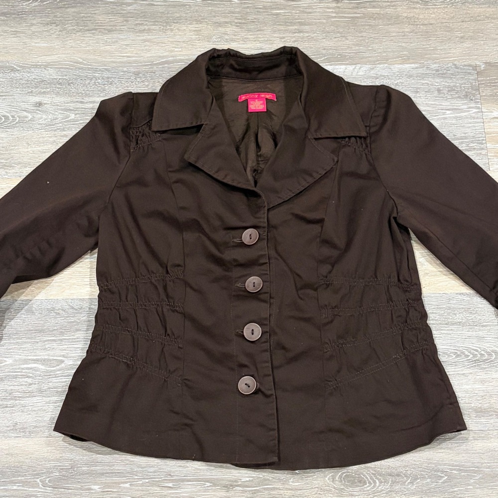 Sunny Leigh Brown Smocked Waist Ruffle Cuff Button Up Jacket Womens 8